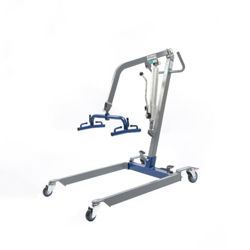 Full view of the blue Protekt® Transformer hydraulic patient lift with wheeled base, ergonomic handles, designed for safe at-home patient transfers.