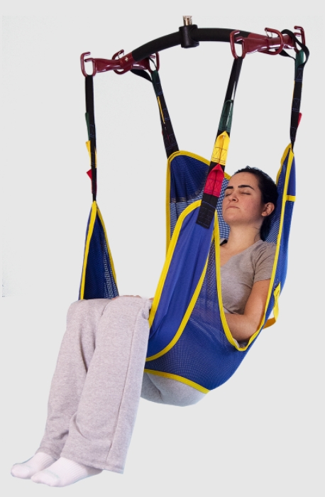 Invacare_Full Body Slings Mesh With Commode Opening 4 Point Sling Woman Side View | Wheelchair Liberty