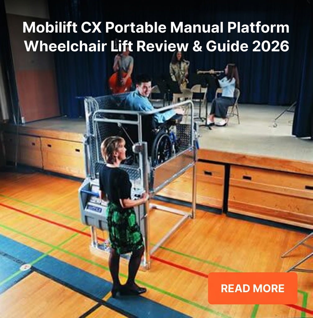 Mobilift CX Portable Manual Platform Wheelchair Lift on stage with title overlay - Review & Guide 2026 at WheelchairLiberty.com
