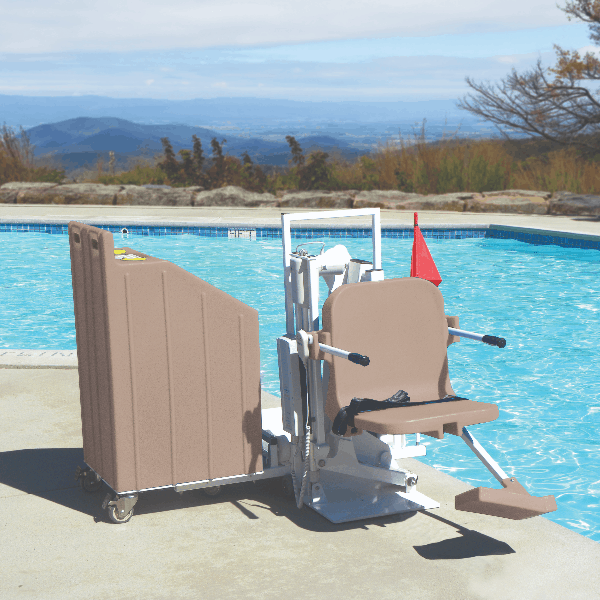 Aqua Creek Portable Pro 2 pool lift custom color tan next to a pool in the mountains