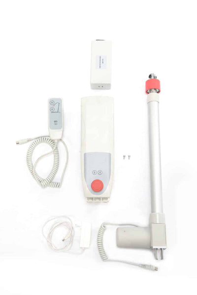 Flatlay view of the collapsed optional electric kit for the Protekt® 350 Hydraulic Sit-to-Stand Patient Lift, showing the battery pack, remote control, plug and lever designed for safe and comfortable patient transfers.