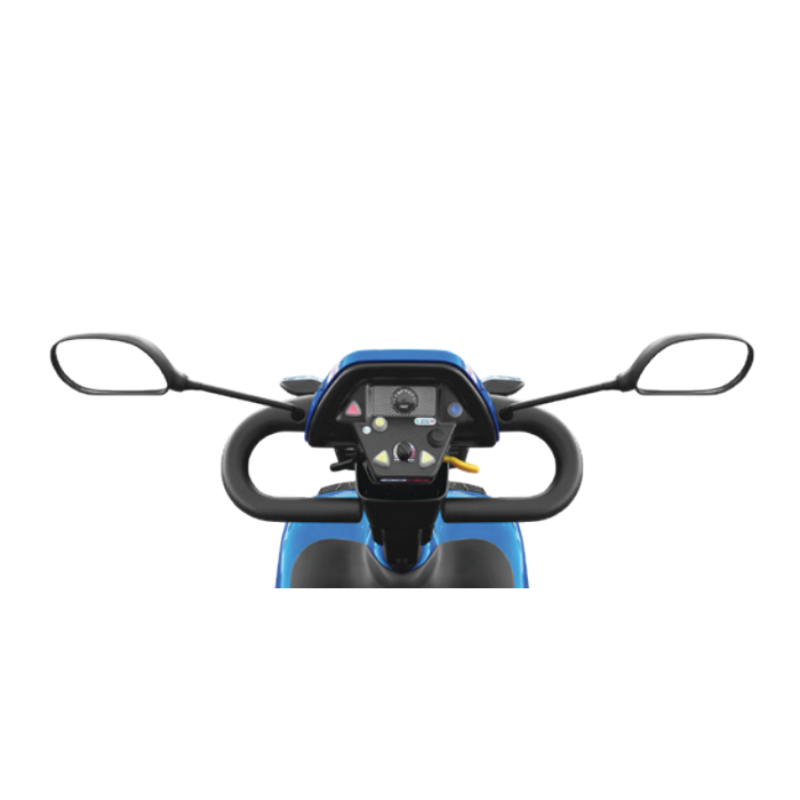 Close-up view of the tiller controls on a blue Excursion 4-wheel mobility scooter, showing mirrors, throttle levers, and control panel with buttons and indicator lights, against a white background.
