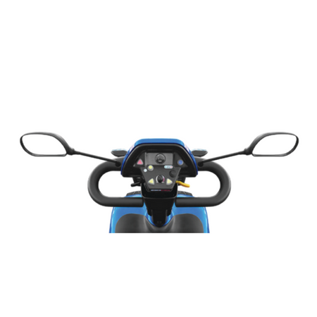 Close-up view of the tiller controls on a blue Excursion 4-wheel mobility scooter, showing mirrors, throttle levers, and control panel with buttons and indicator lights, against a white background.