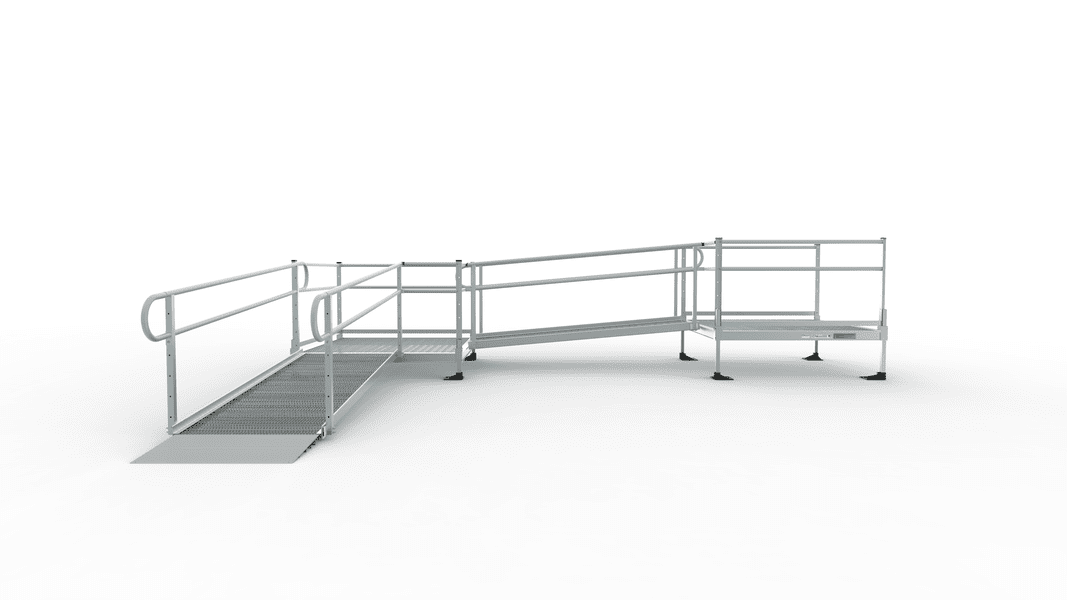 PATHWAY 3G 14 ft. L-Shaped Aluminum Wheelchair Ramp Kit with Expanded Metal Tread, 2-Line Handrails, 5 ft. Turn Platform, and 5 ft. Top Platform by EZ-Access | RampHand