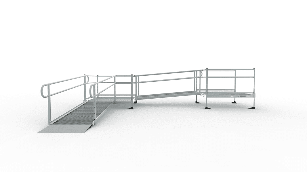 PATHWAY 3G 16 ft. L-Shaped Aluminum Wheelchair Ramp Kit with Expanded Metal Tread, 2-Line Handrails, 5 ft. Turn Platform, and 5 ft. Top Platform by EZ-Access | RampHand