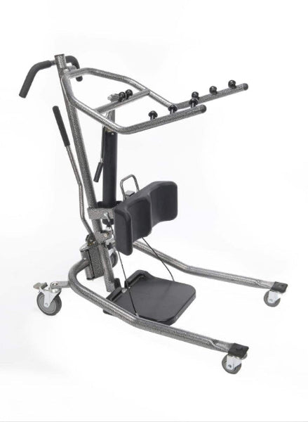 Left view of the Protekt® 350 Hydraulic Sit-to-Stand Patient Lift, showing cushioned knee supports, footplate, and ergonomic handlebars designed for safe and comfortable patient transfers.