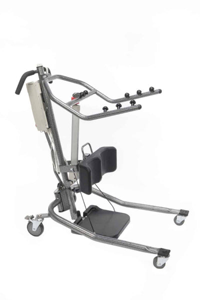 Rear view of the Protekt® 350 Hydraulic Sit-to-Stand Patient Lift, showing cushioned knee supports, footplate, ergonomic handlebars, and optional electric kit designed for safe and comfortable patient transfers.