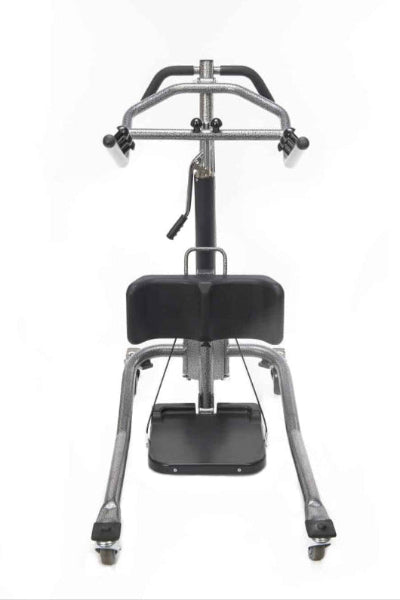 Front view of the Protekt® 350 Hydraulic Sit-to-Stand Patient Lift, showing cushioned knee supports, footplate, and ergonomic handlebars designed for safe and comfortable patient transfers.