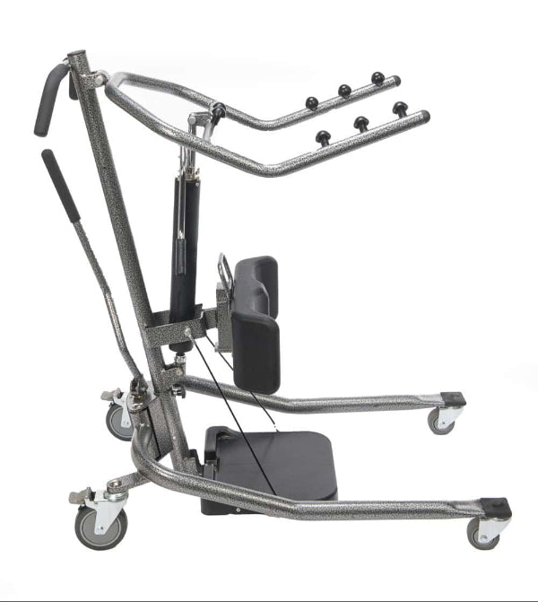 Left side view of the Protekt® 350 Hydraulic Sit-to-Stand Patient Lift, showing cushioned knee supports, footplate, and ergonomic handlebars designed for safe and comfortable patient transfers.