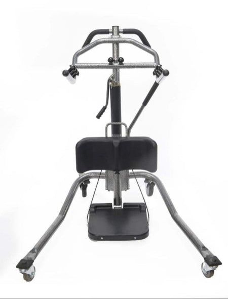 Front view of the Protekt® 350 Hydraulic Sit-to-Stand Patient Lift, showing cushioned knee supports, footplate, ergonomic handlebars and manually extended base designed for safe and comfortable patient transfers.