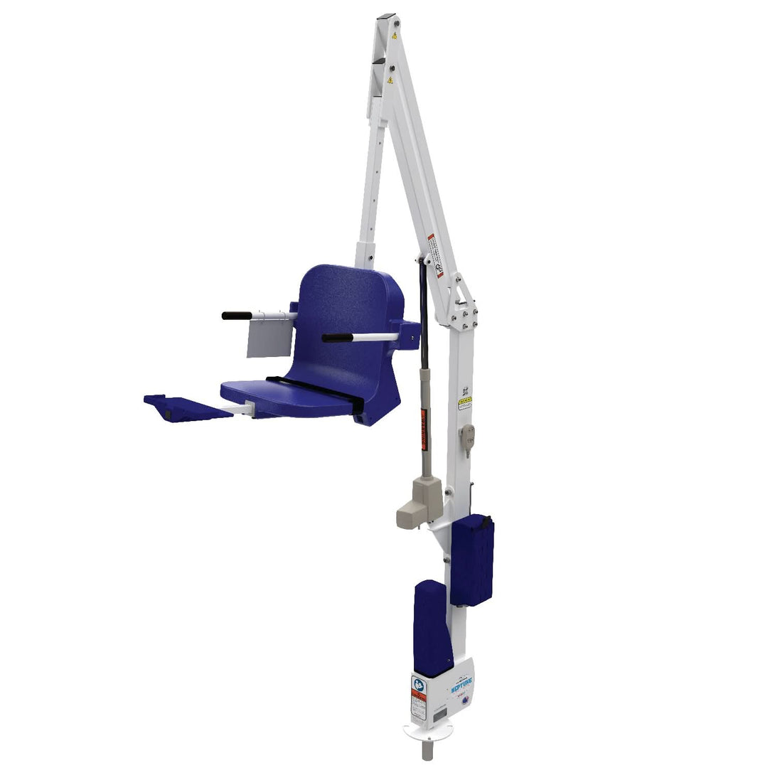 White and blue Neptune Pool Lift facing left | Wheelchair Liberty