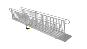 Ramp - PATHWAY 3G 14 ft. L-Shaped Aluminum Wheelchair Ramp Kit with Solid Surface Tread, Vertical Picket Handrails, 5 ft. Turn Platform, and 5 ft. Top Platform by EZ-Access | RampHand