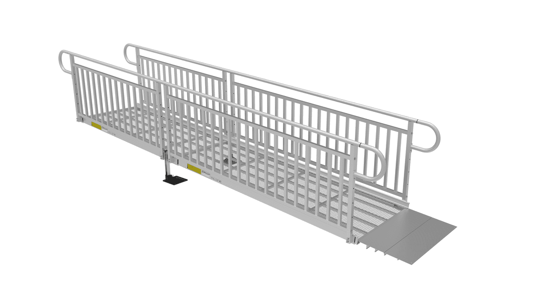 PATHWAY 3G 14 ft. Straight Aluminum Wheelchair Ramp Kit with Expanded Metal Tread, Vertical Picket Handrails and No Top Platform by EZ-Access | RampHand