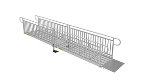 Ramp - PATHWAY 3G 16 ft. L-Shaped Aluminum Wheelchair Ramp Kit with Expanded Metal Tread, Vertical Picket Handrails, 4 ft. Turn Platform, and 4 ft. Top Platform by EZ-Access | RampHand