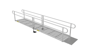 Ramp - PATHWAY 3G 16 ft. L-Shaped Aluminum Wheelchair Ramp Kit with Expanded Metal Tread, 2-Line Handrails, 4 ft. Turn Platform, and 4 ft. Top Platform by EZ-Access | RampHand