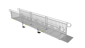 Ramp - PATHWAY 3G 18 ft. L-Shaped Aluminum Wheelchair Ramp Kit with Expanded Metal Tread, Vertical Picket Handrails and 4 ft. Turn Platform by EZ-Access | RampHand