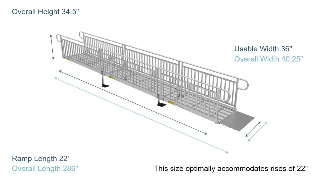 Ramp Dimensions - PATHWAY 3G 22 ft. L-Shaped Aluminum Wheelchair Ramp Kit with Expanded Metal Tread, Vertical Picket Handrails, 5 ft. Turn Platform, and 5 ft. Top Platform by EZ-Access | RampHand