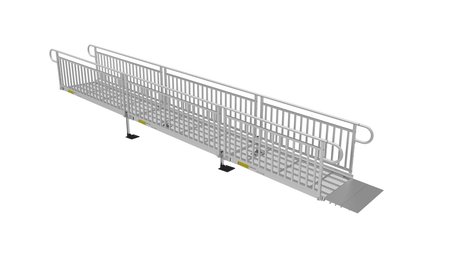 Ramp - PATHWAY 3G 22 ft. L-Shaped Aluminum Wheelchair Ramp Kit with Expanded Metal Tread, Vertical Picket Handrails, 5 ft. Turn Platform, and 5 ft. Top Platform by EZ-Access | RampHand