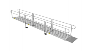 Ramp - PATHWAY 3G 22 ft. L-Shaped Aluminum Wheelchair Ramp Kit with Expanded Metal Tread, 2-Line Handrails, 5 ft. Turn Platform, and 5 ft. Top Platform by EZ-Access | RampHand