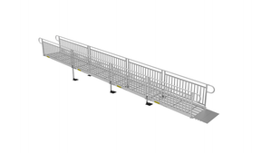 Ramp - PATHWAY 3G 28 ft. L-Shaped Aluminum Wheelchair Ramp Kit with Expanded Metal Tread, Vertical Picket Handrails, 4 ft. Turn Platform, and 4 ft. Top Platform by EZ-Access | RampHand