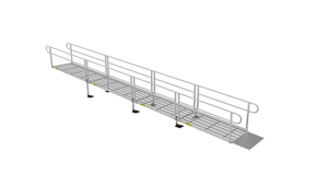 Ramp - PATHWAY 3G 28 ft. L-Shaped Aluminum Wheelchair Ramp Kit with Expanded Metal Tread, 2-Line Handrails and 4 ft. Turn Platform by EZ-Access | RampHand