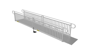 Ramp - PATHWAY 3G 20 ft. L-Shaped Aluminum Wheelchair Ramp Kit with Solid Surface Tread, Vertical Picket Handrails, 5 ft. Turn Platform, and 5 ft. Top Platform by EZ-Access | RampHand