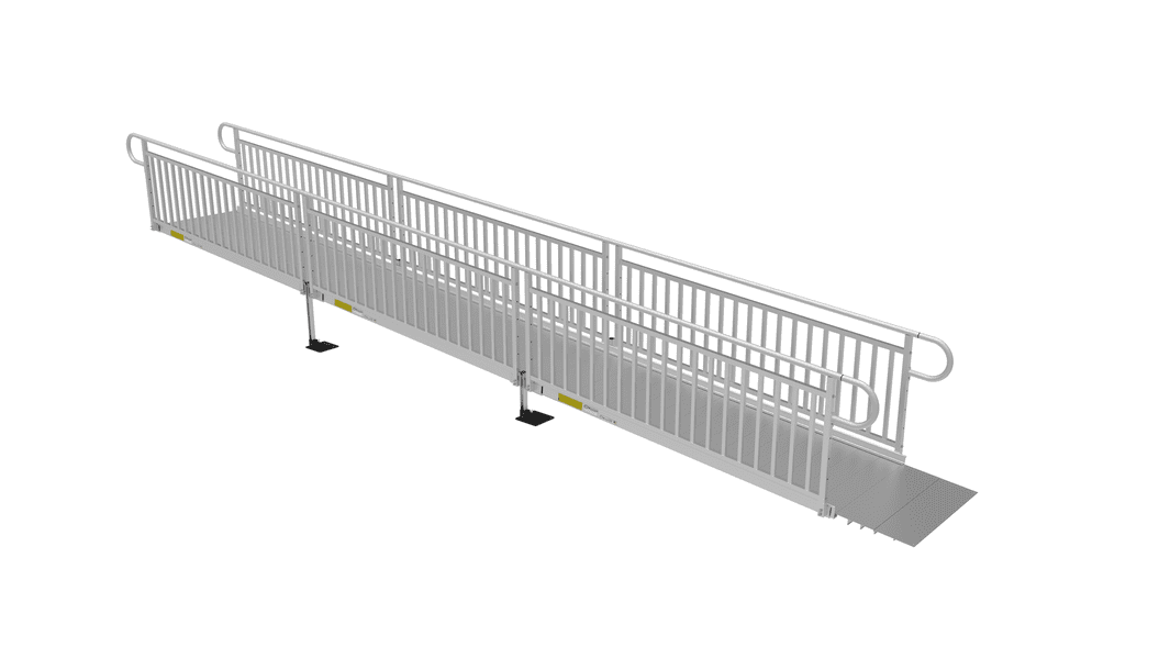 Ramp - PATHWAY 3G 24 ft. L-Shaped Aluminum Wheelchair Ramp Kit with Solid Surface Tread, Vertical Picket Handrails, 4 ft. Turn Platform, and 4 ft. Top Platform by EZ-Access | RampHand
