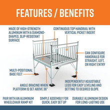 EZ-ACCESS Pathway 3G Aluminum Ramp  Expanded metal platform with Picketed handrails, image showing benefits and features