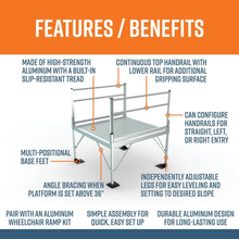 EZ-ACCESS Pathway 3G Aluminum Ramp Solid Surface with 2-line handrails, image showing benefits and features