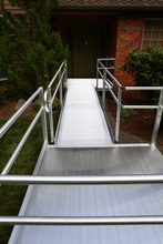 Sample Applicaiton 4 - PATHWAY 3G 12 ft. L-Shaped Aluminum Wheelchair Ramp Kit with Solid Surface Tread, 2-Line Handrails and 5 ft. Turn Platform by EZ-Access | RampHand