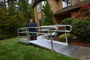 Sample Application 1 - PATHWAY 3G 24 ft. L-Shaped Aluminum Wheelchair Ramp Kit with Solid Surface Tread, 2-Line Handrails and 5 ft. Turn Platform by EZ-Access | RampHand