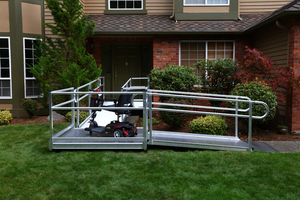 Sample Application 3 - PATHWAY 3G 28 ft. L-Shaped Aluminum Wheelchair Ramp Kit with Solid Surface Tread, 2-Line Handrails and 5 ft. Turn Platform by EZ-Access | RampHand