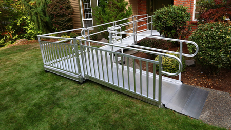 Sample Application 1 - PATHWAY 3G 22 ft. L-Shaped Aluminum Wheelchair Ramp Kit with Expanded Metal Tread, Vertical Picket Handrails, 5 ft. Turn Platform, and 5 ft. Top Platform by EZ-Access | RampHand