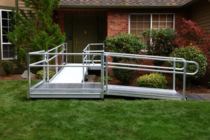 Sample Application 3 - PATHWAY 3G 18 ft. L-Shaped Aluminum Wheelchair Ramp Kit with Solid Surface Tread, 2-Line Handrails, 4 ft. Turn Platform, and 4 ft. Top Platform by EZ-Access | RampHand