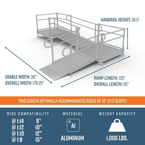 Dimensions - PATHWAY 3G 10 ft. L-Shaped Aluminum Wheelchair Ramp Kit with Solid Surface Tread, 2-Line Handrails, 4 ft. Turn Platform, and 4 ft. Top Platform by EZ-Access | RampHand