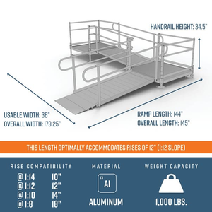 Dimensions - PATHWAY 3G 12 ft. L-Shaped Aluminum Wheelchair Ramp Kit with Solid Surface Tread, 2-Line Handrails, 4 ft. Turn Platform, and 4 ft. Top Platform by EZ-Access | RampHand