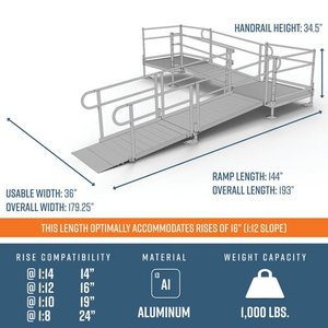 Dimensions - PATHWAY 3G 16 ft. L-Shaped Aluminum Wheelchair Ramp Kit with Expanded Metal Tread, 2-Line Handrails, 4 ft. Turn Platform, and 4 ft. Top Platform by EZ-Access | RampHand