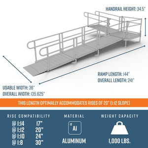 Dimensions - PATHWAY 3G 20 ft. L-Shaped Aluminum Wheelchair Ramp Kit with Solid Surface Tread, 2-Line Handrails and 4 ft. Turn Platform by EZ-Access | RampHand