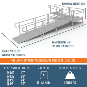 Dimensions - PATHWAY 3G 20 ft. L-Shaped Aluminum Wheelchair Ramp Kit with Solid Surface Tread, 2-Line Handrails and 5 ft. Turn Platform by EZ-Access | RampHand