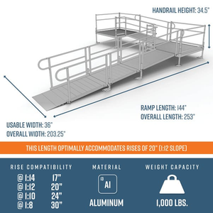 Dimensions - PATHWAY 3G 20 ft. L-Shaped Aluminum Wheelchair Ramp Kit with Solid Surface Tread, Vertical Picket Handrails, 5 ft. Turn Platform, and 5 ft. Top Platform by EZ-Access | RampHand