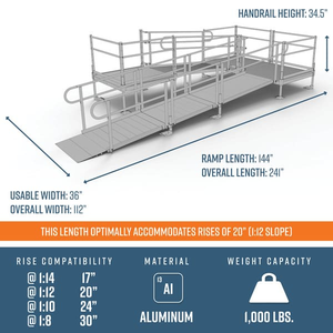 Dimensions - PATHWAY 3G 20 ft. U-Shaped Aluminum Wheelchair Ramp Kit with Solid Surface Tread, Vertical Picket Handrails and (3) 4 ft. Platforms by EZ-Access | RampHand