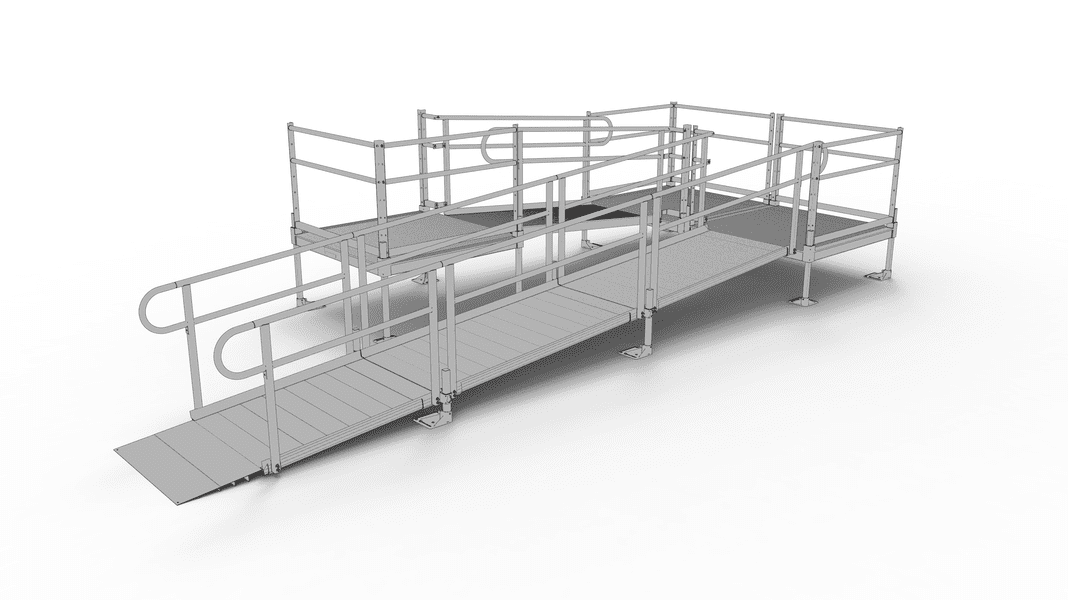 PATHWAY 3G 22 ft. U-Shaped Aluminum Wheelchair Ramp Kit with Expanded Metal Tread, 2-Line Handrails and (3) 4 ft. Platforms by EZ-Access | RampHand