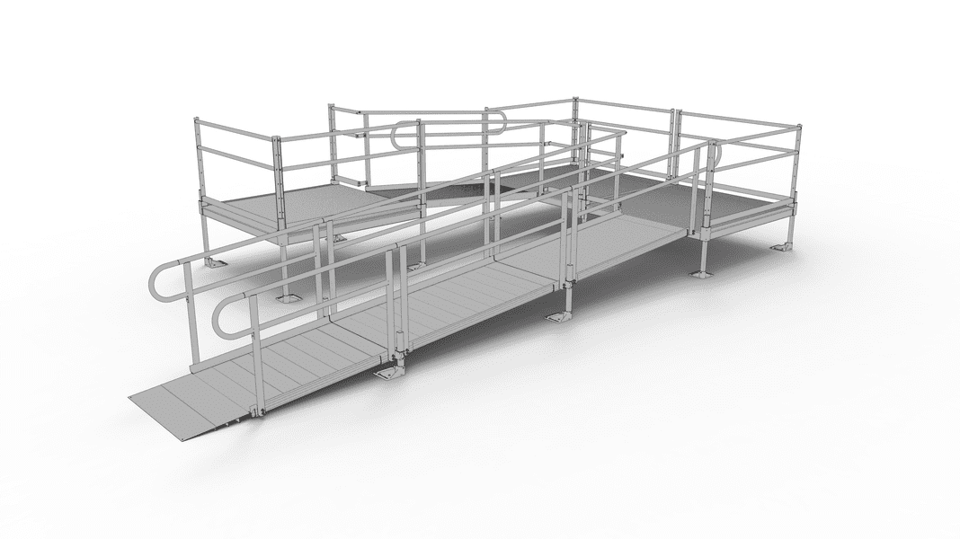 PATHWAY 3G 22 ft. U-Shaped Aluminum Wheelchair Ramp Kit with Solid Surface Tread, 2-Line Handrails and (3) 5 ft. Platforms by EZ-Access | RampHand