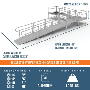 Dimensions -PATHWAY 3G 26 ft. L-Shaped Aluminum Wheelchair Ramp Kit with Solid Surface Tread, 2-Line Handrails, 5 ft. Turn Platform, and 5 ft. Top Platform by EZ-Access | RampHand