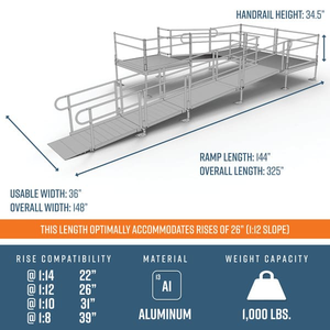 Dimensions - PATHWAY 3G 26 ft. U-Shaped Aluminum Wheelchair Ramp Kit with Solid Surface Tread, 2-Line Handrails and (3) 5 ft. Platforms by EZ-Access | RampHand