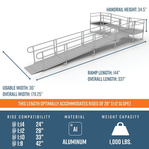 Dimensions - PATHWAY 3G 28 ft. L-Shaped Aluminum Wheelchair Ramp Kit with Solid Surface Tread, 2-Line Handrails, 4 ft. Turn Platform, and 4 ft. Top Platform by EZ-Access | RampHand