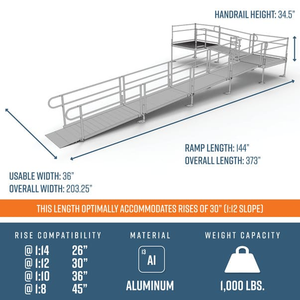 Dimensions - PATHWAY 3G 30 ft. L-Shaped Aluminum Wheelchair Ramp Kit with Solid Surface Tread, 2-Line Handrails, 5 ft. Turn Platform, and 5 ft. Top Platform by EZ-Access | RampHand