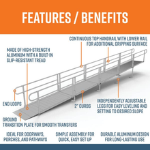 EZ-ACCESS Pathway 3G Aluminum Ramp with solid surface and 2-line handrails, image shows features and benefits
