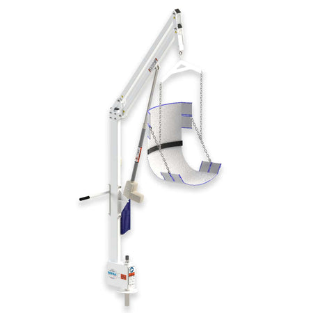 White and Blue Nebula Pool Lift with metal chains and powder-finish all metal battery powered lift | Wheelchair lIberty