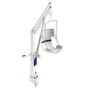 White and Blue Nebula Pool Lift with metal chains and powder-finish all metal battery powered lift | Wheelchair lIberty